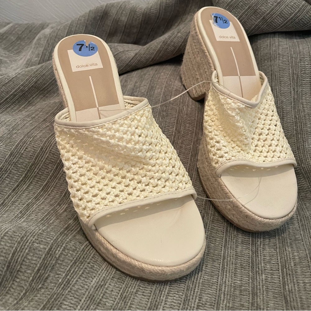 Dolce Vita Womens Saydie Cream Raffia Slip On Wedge Platform Sandals  Size 7.5